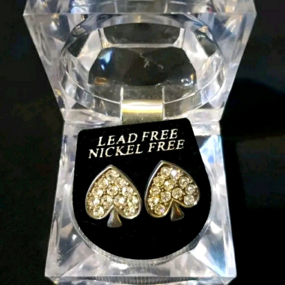 VINTAGE RHINESTONE SILVER SPADE ACE OF SPADES Earrings STUD Y2K PUNK GOTH METAL
